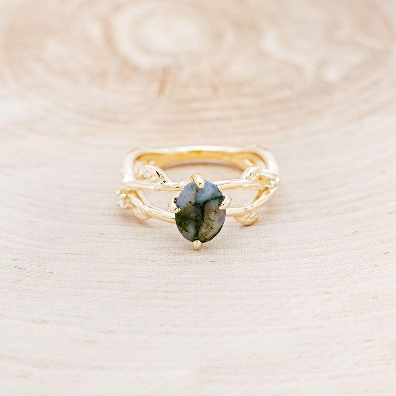 "ARTEMIS ON THE VINE" - OVAL CUT MOSS AGATE ENGAGEMENT RING WITH DIAMOND ACCENTS & A BRANCH-STYLE BAND-4