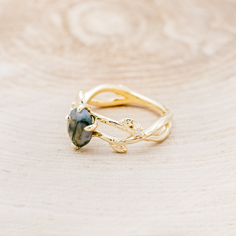 "ARTEMIS ON THE VINE" - OVAL CUT MOSS AGATE ENGAGEMENT RING WITH DIAMOND ACCENTS & A BRANCH-STYLE BAND