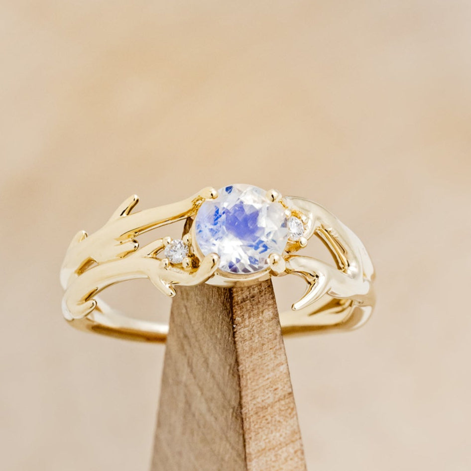 "ARTEMIS" - ROUND CUT MOONSTONE ENGAGEMENT RING WITH ANTLER-STYLE BAND & DIAMOND ACCENTS-7
