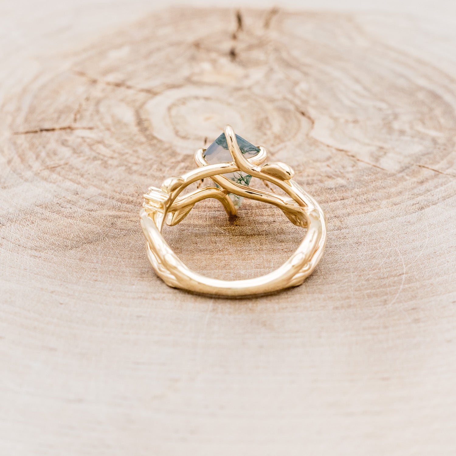 "ARTEMIS ON THE VINE" - KITE CUT MOSS AGATE ENGAGEMENT RING WITH DIAMOND ACCENTS - EXPEDITED-15