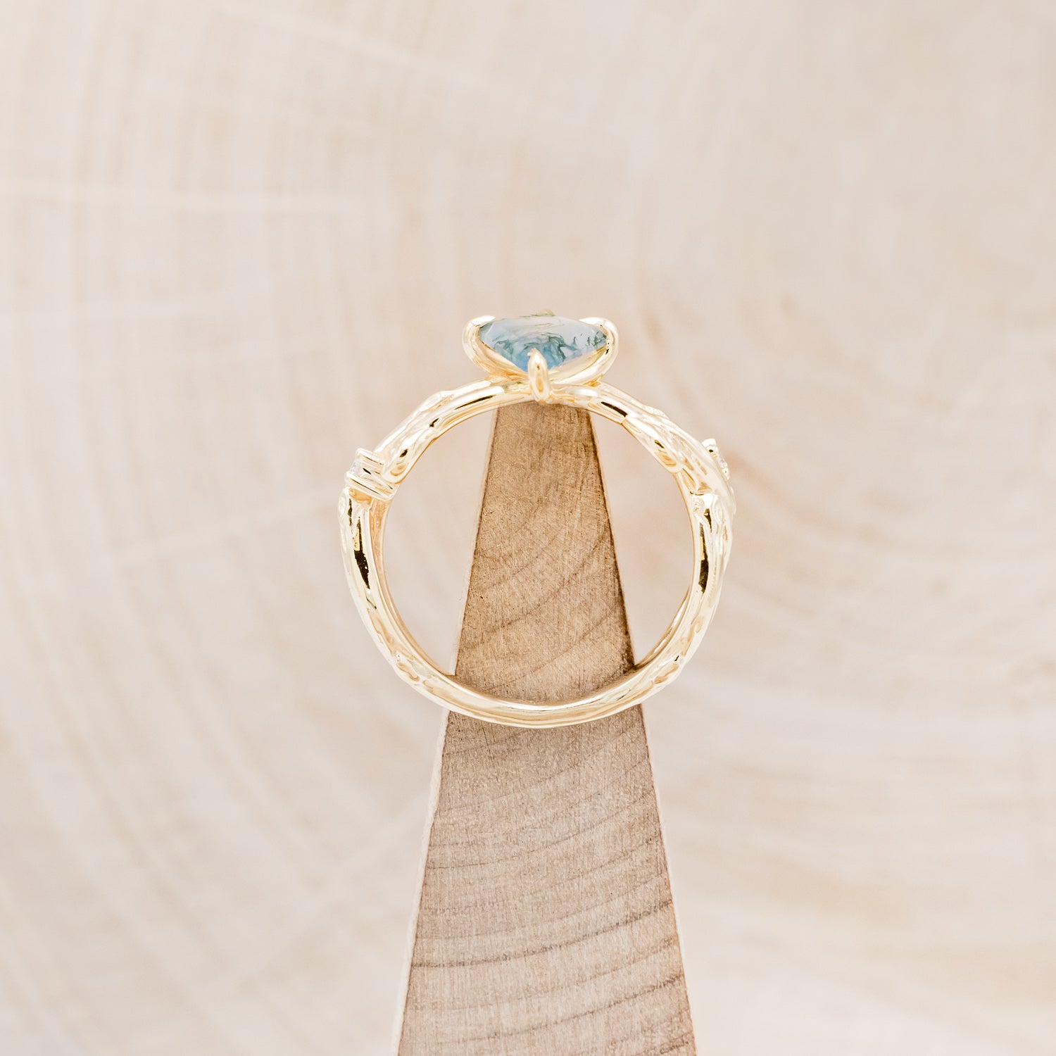 "ARTEMIS ON THE VINE" - KITE CUT MOSS AGATE ENGAGEMENT RING WITH DIAMOND ACCENTS - EXPEDITED-16