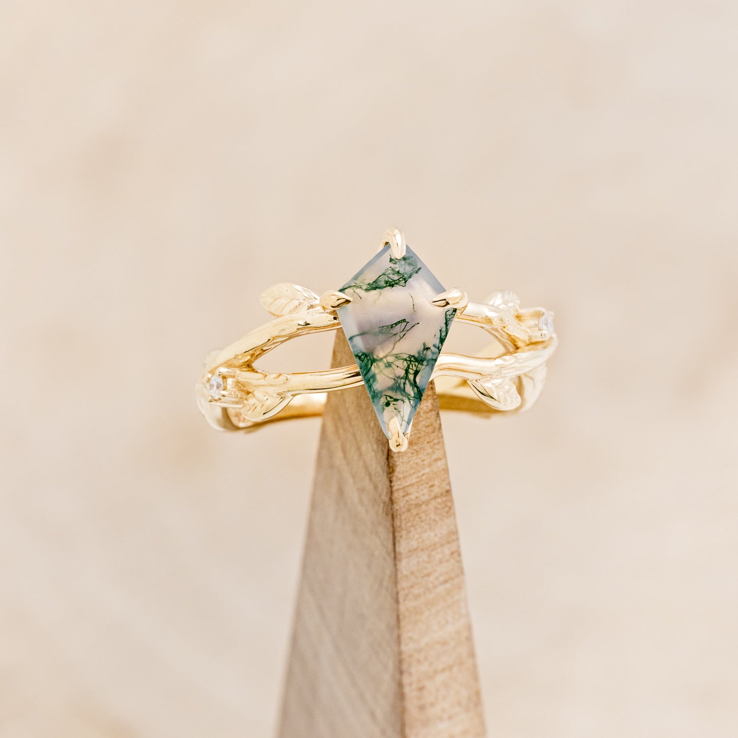 "ARTEMIS ON THE VINE" - KITE CUT MOSS AGATE ENGAGEMENT RING WITH DIAMOND ACCENTS - EXPEDITED-11