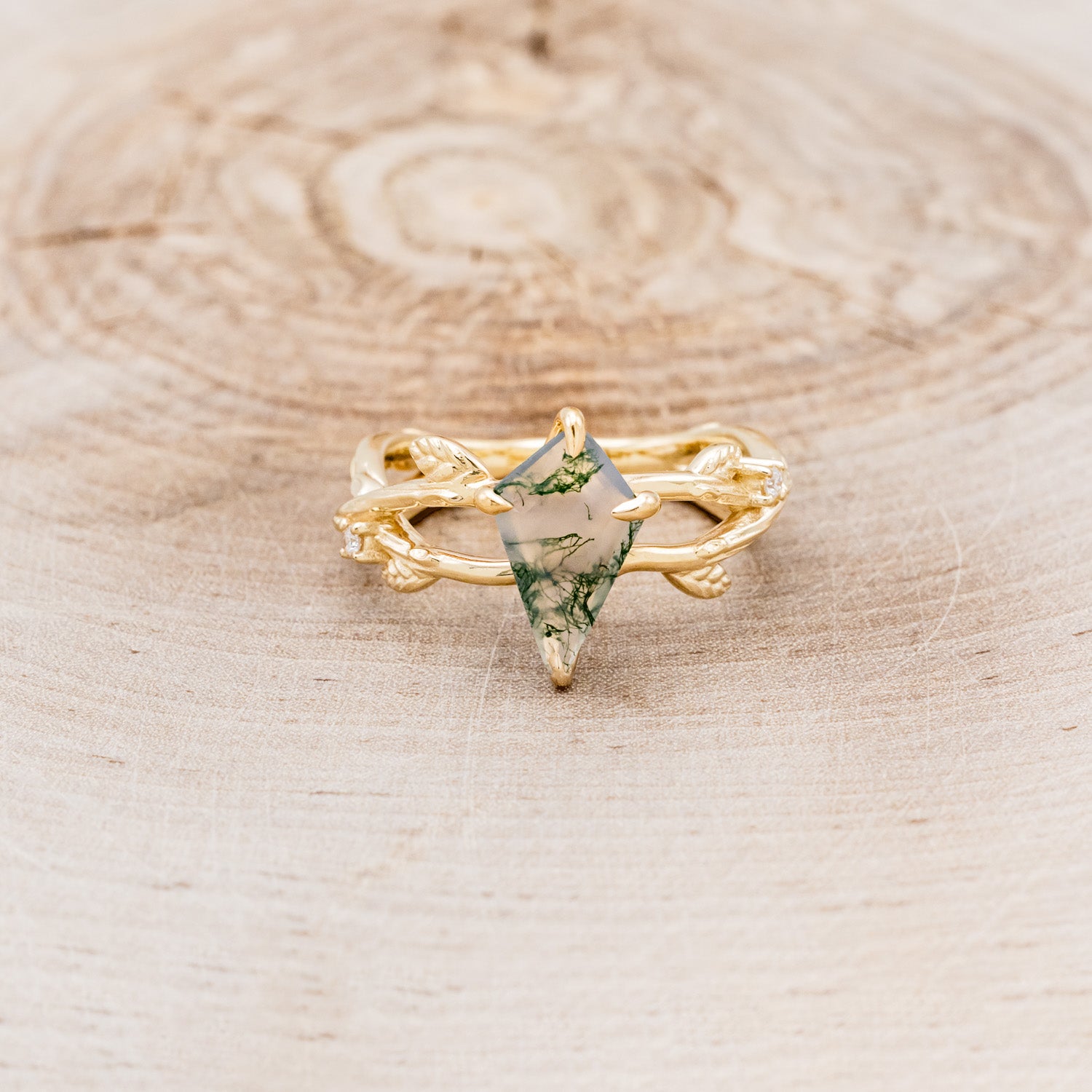 "ARTEMIS ON THE VINE" - KITE CUT MOSS AGATE ENGAGEMENT RING WITH DIAMOND ACCENTS - EXPEDITED-14
