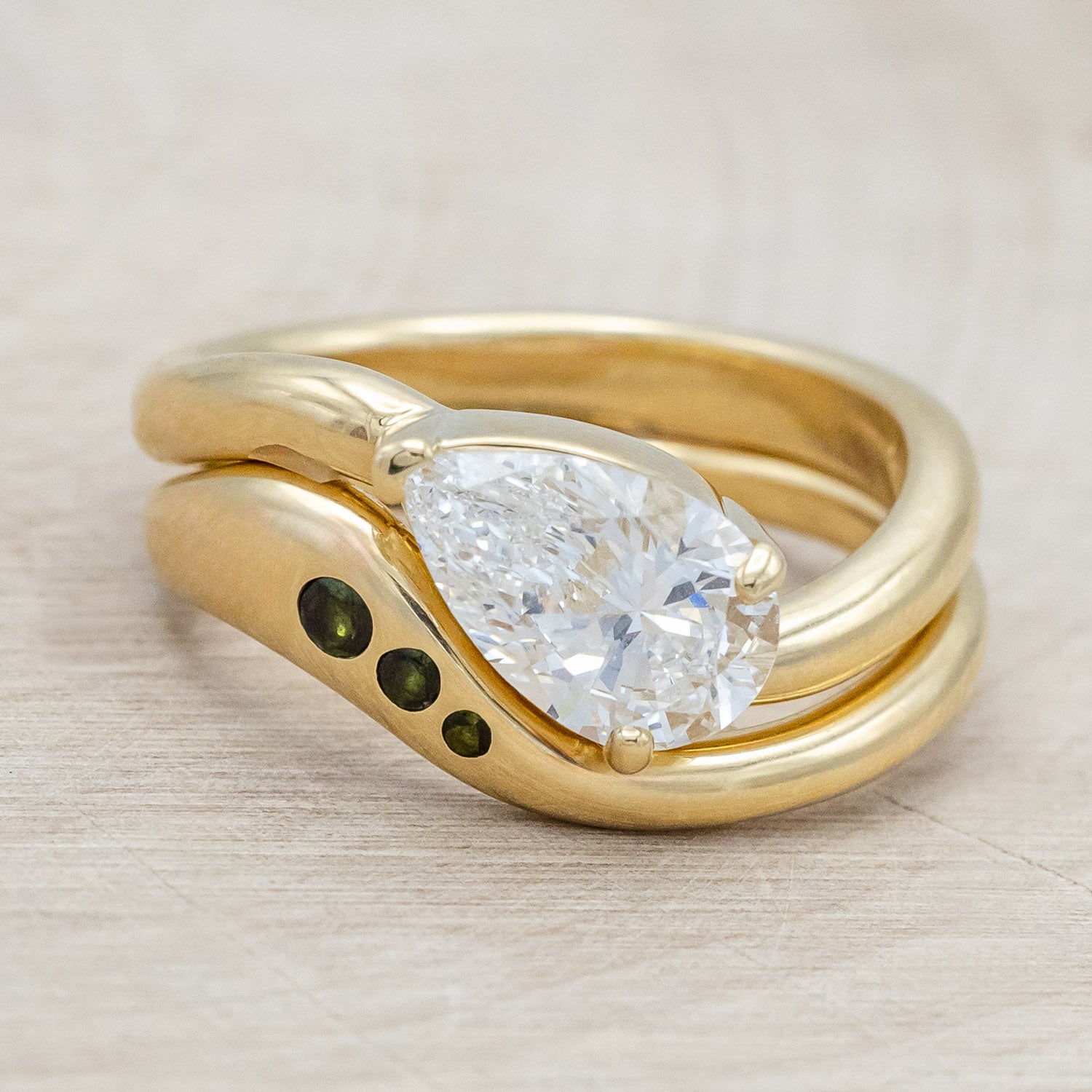 "Sybil" - asymmetrical solitaire-style lab diamond women's engagement ring with green tourmaline tracer