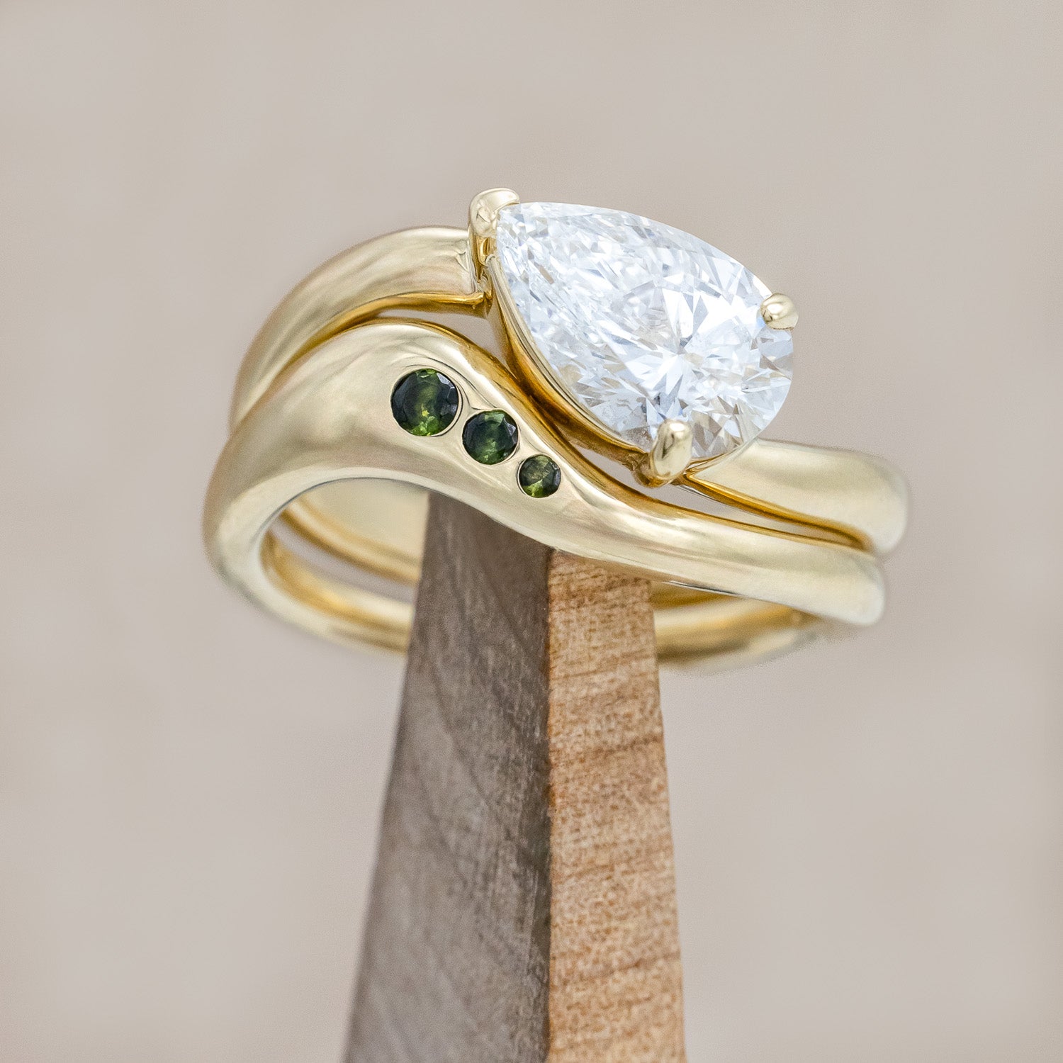 "Sybil" - asymmetrical solitaire-style lab diamond women's engagement ring with green tourmaline tracer