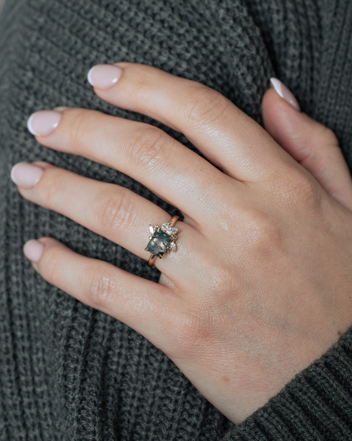 "AURAE" - EMERALD CUT MOSS AGATE ENGAGEMENT RING WITH DIAMOND ACCENTS-Staghead Designs