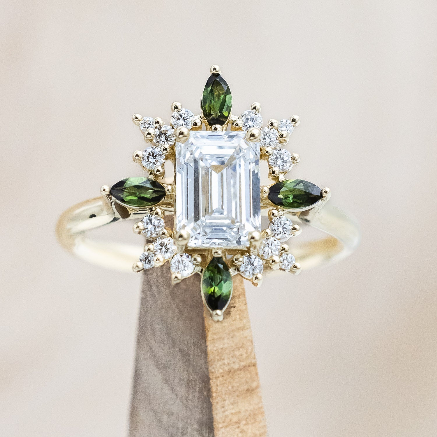 "AZALEA" - EMERALD CUT LAB-GROWN DIAMOND ENGAGEMENT RING WITH DIAMOND & TOURMALINE HALO-Staghead Designs