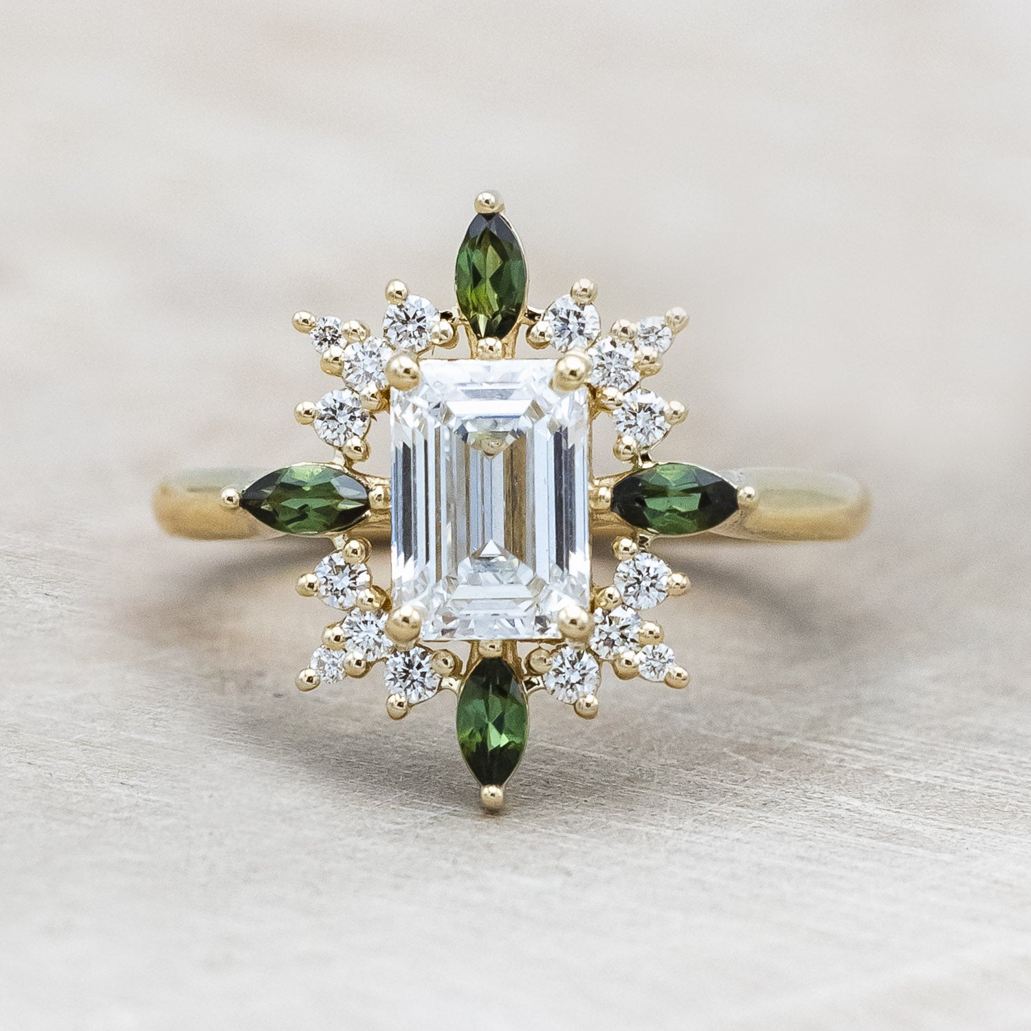"AZALEA" - EMERALD CUT LAB-GROWN DIAMOND ENGAGEMENT RING WITH DIAMOND & TOURMALINE HALO-Staghead Designs