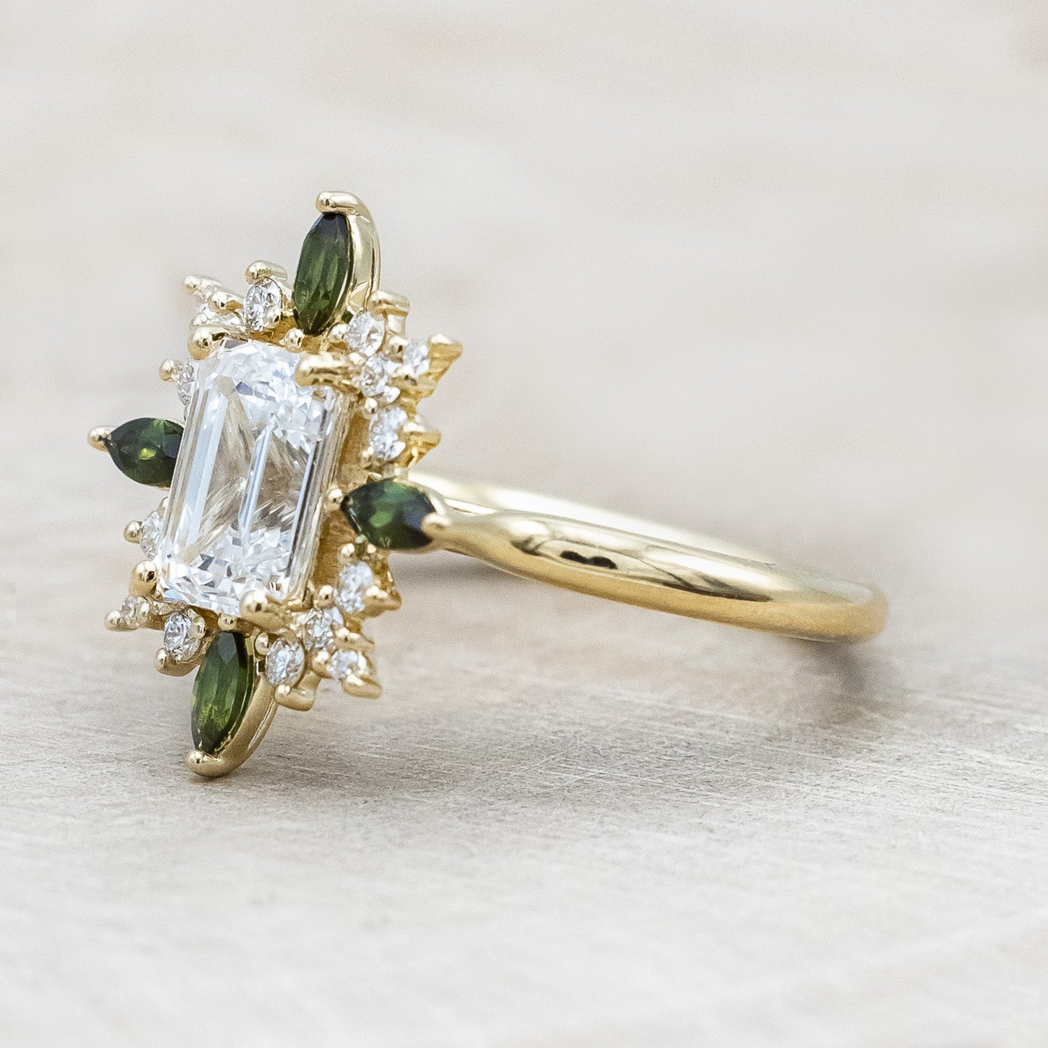 "AZALEA" - EMERALD CUT LAB-GROWN DIAMOND ENGAGEMENT RING WITH DIAMOND & TOURMALINE HALO-Staghead Designs