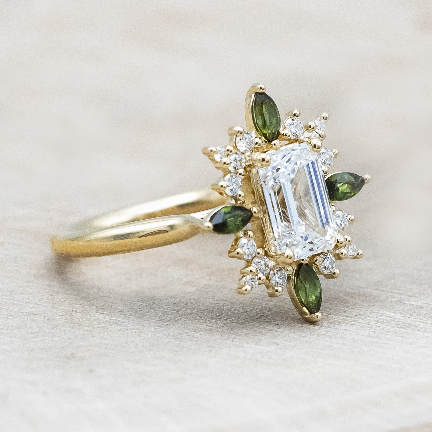 "AZALEA" - EMERALD CUT LAB-GROWN DIAMOND ENGAGEMENT RING WITH DIAMOND & TOURMALINE HALO-Staghead Designs