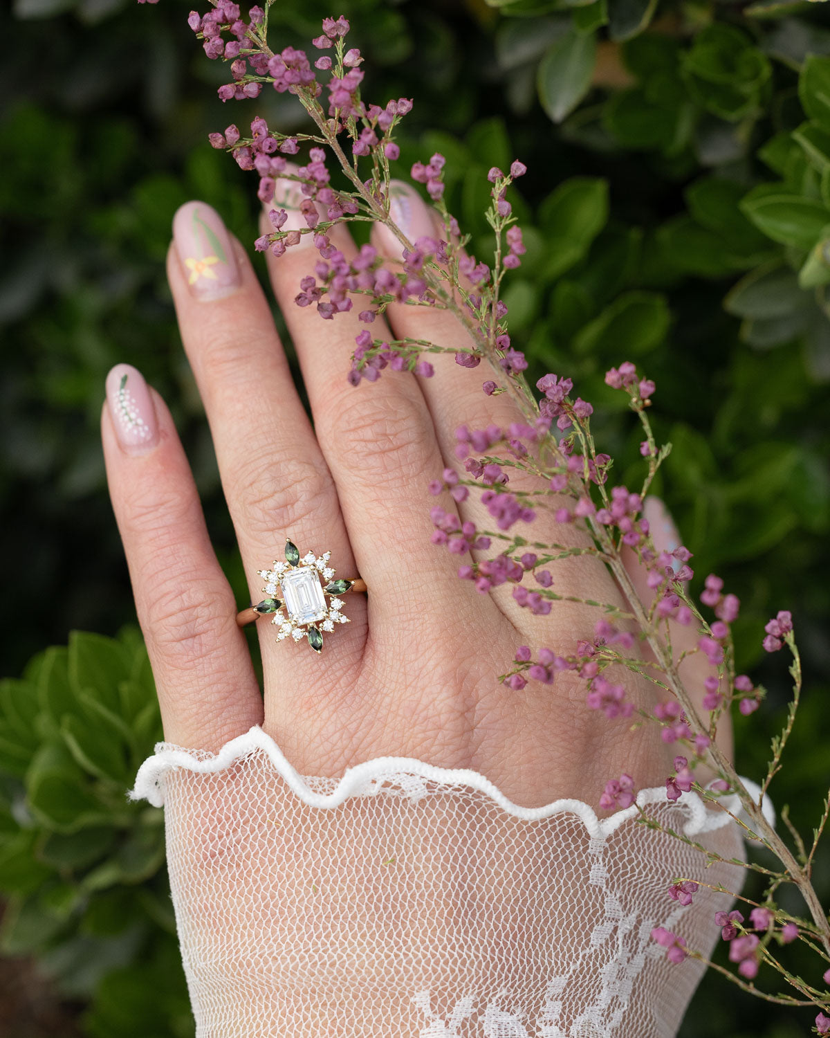 "AZALEA" - EMERALD CUT LAB-GROWN DIAMOND ENGAGEMENT RING WITH DIAMOND & TOURMALINE HALO-Staghead Designs
