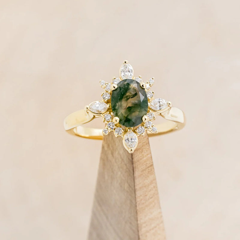 "AZALEA" - OVAL MOSS AGATE ENGAGEMENT RING WITH DIAMOND HALO - 14K YELLOW GOLD - SIZE 7-1