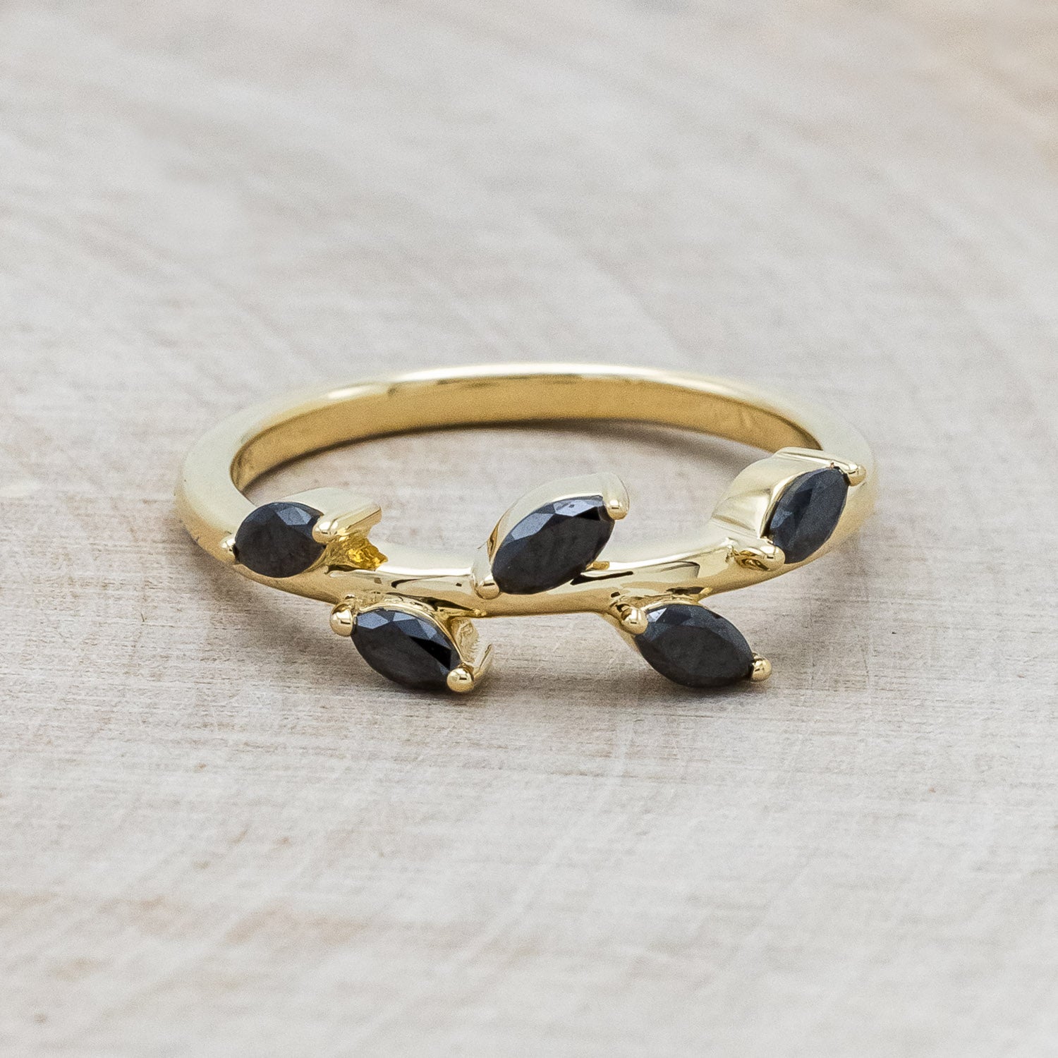 "IDHAL" - MARQUISE BLACK DIAMONDS LEAF RING WITH 14K GOLD-4