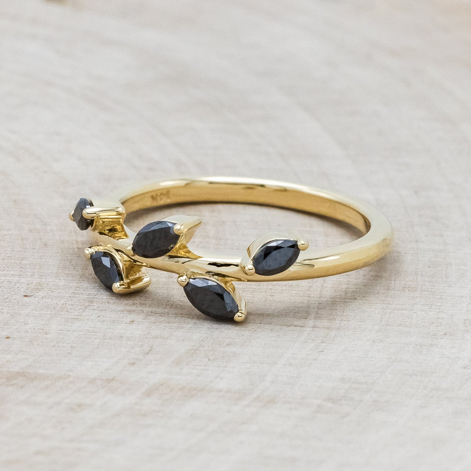 "IDHAL" - MARQUISE BLACK DIAMONDS LEAF RING WITH 14K GOLD-3