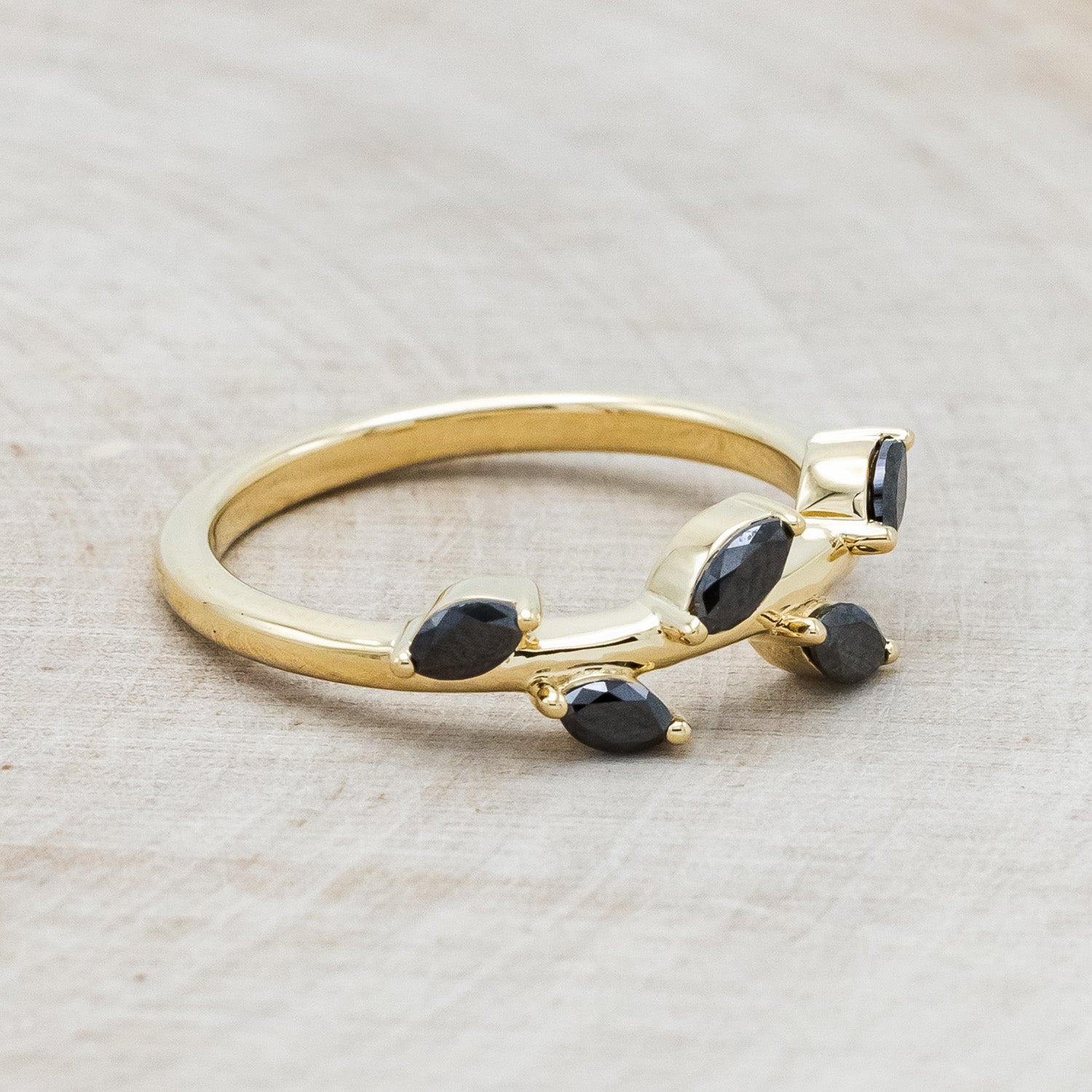 "IDHAL" - MARQUISE BLACK DIAMONDS LEAF RING WITH 14K GOLD-2