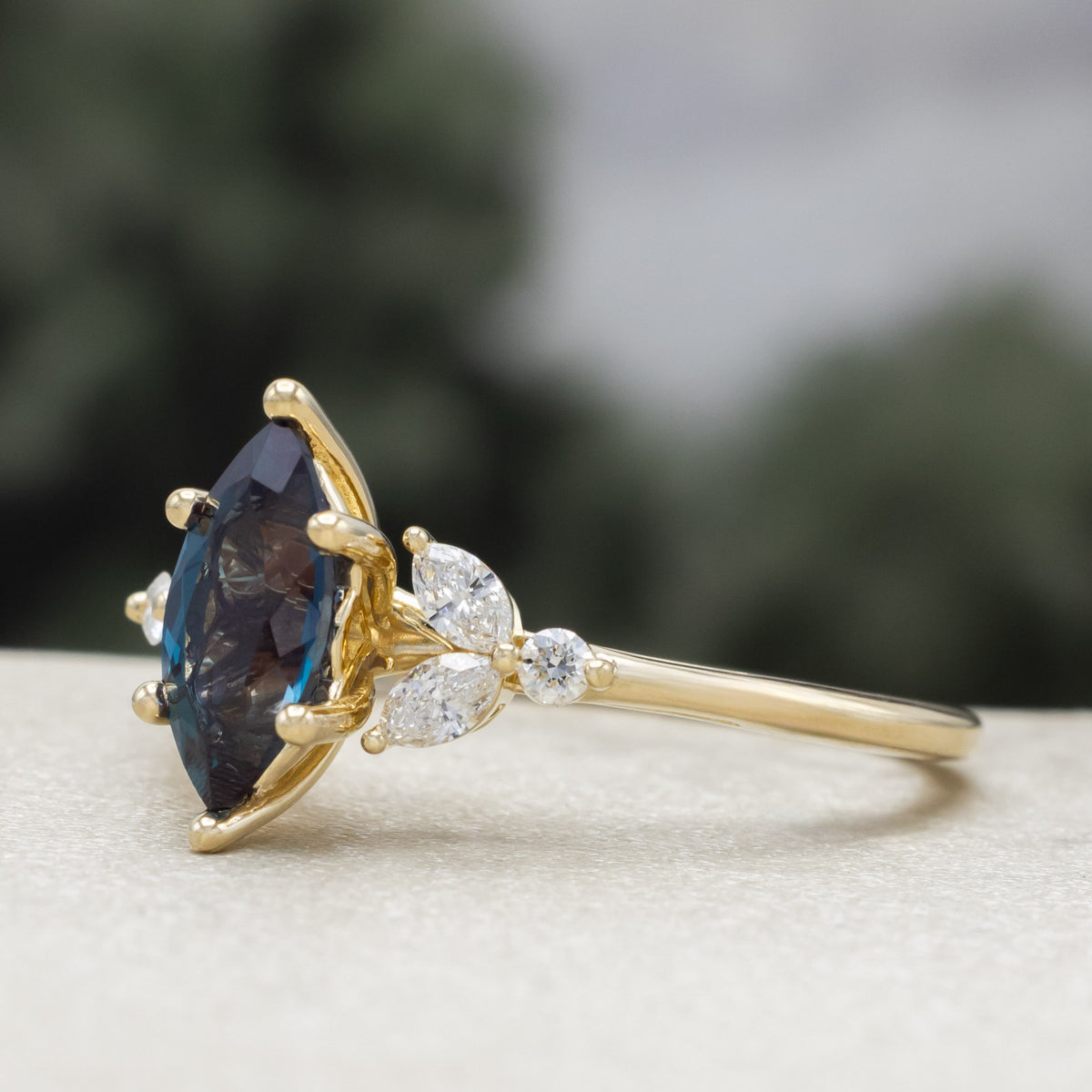 "Blossom" - Marquise Cut Lab-Grown Alexandrite Engagement Ring With Diamond Accents-Staghead Designs