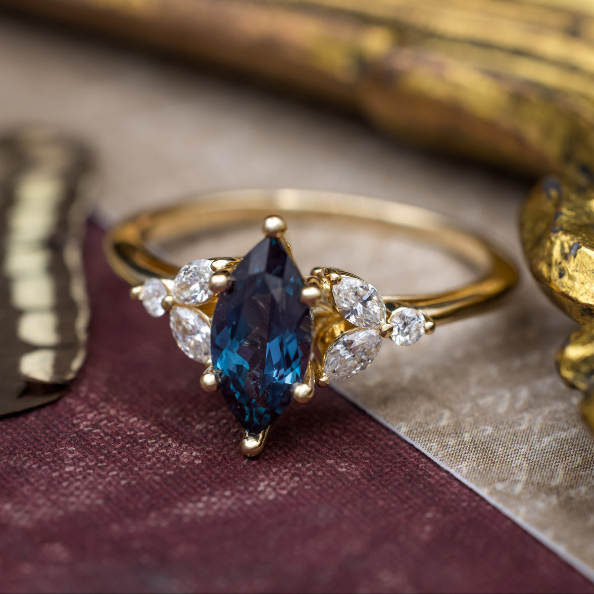 "Blossom" - Marquise Cut Lab-Grown Alexandrite Engagement Ring With Diamond Accents-Staghead Designs