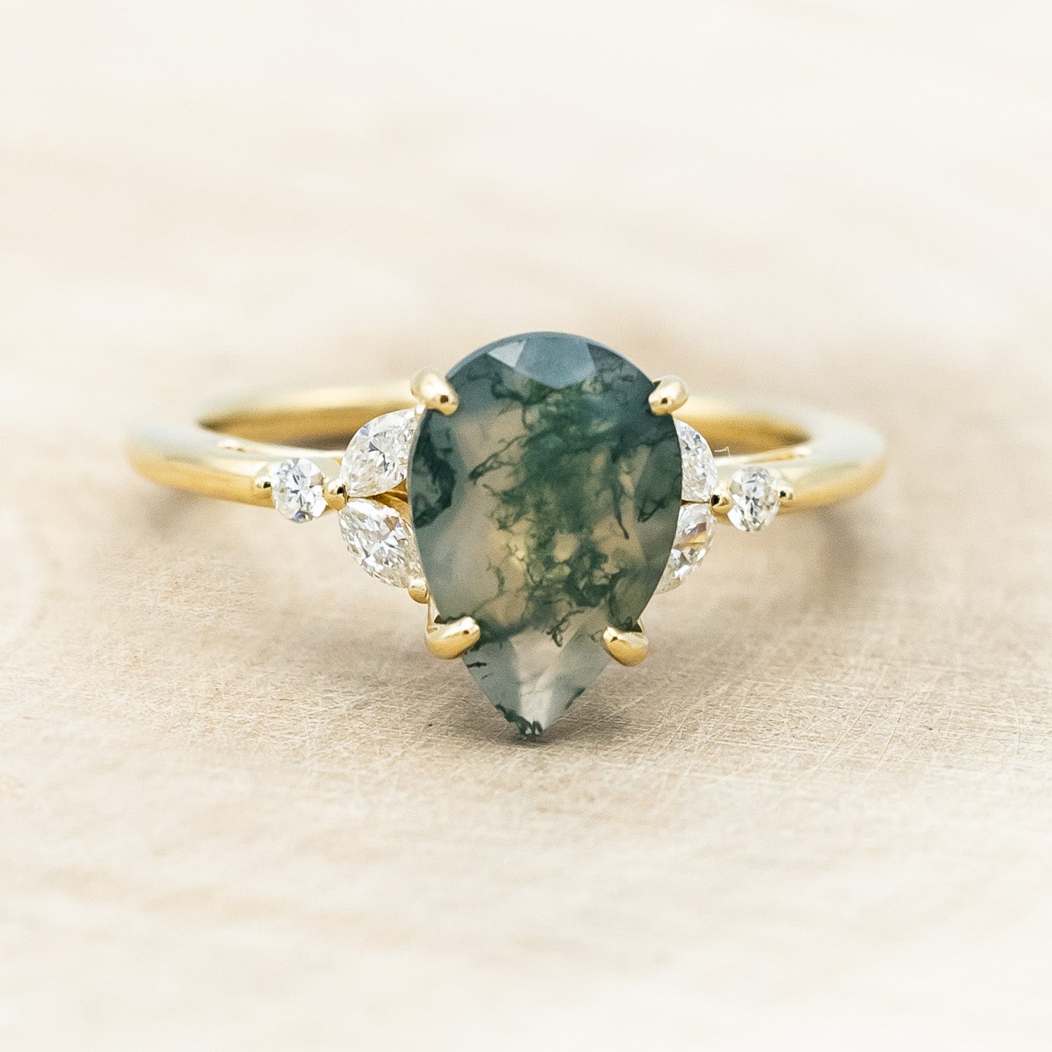 "BLOSSOM" - PEAR-CUT MOSS AGATE ENGAGEMENT RING WITH LEAFCUT DIAMOND ACCENTS-Staghead Designs