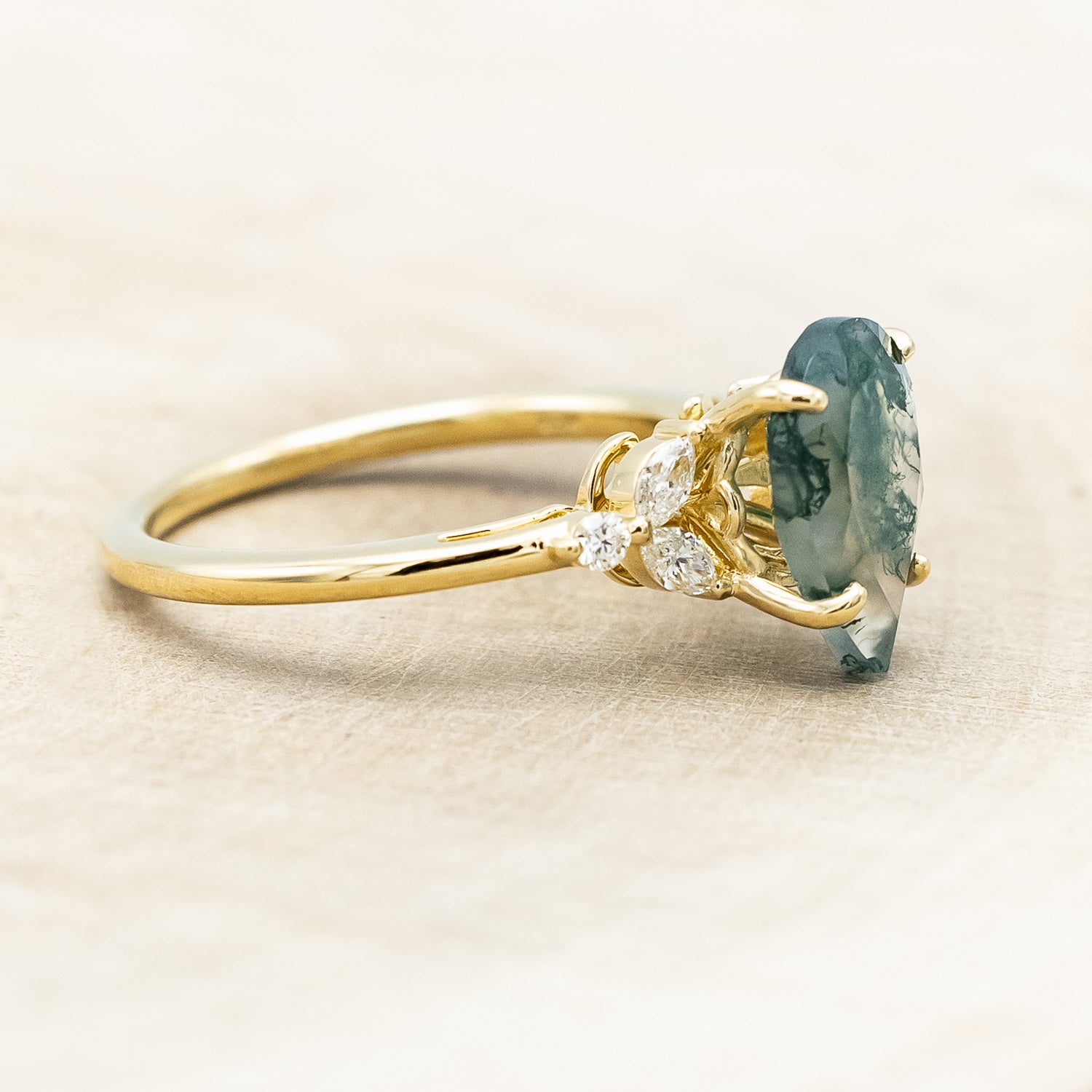 "BLOSSOM" - PEAR-CUT MOSS AGATE ENGAGEMENT RING WITH LEAFCUT DIAMOND ACCENTS-Staghead Designs
