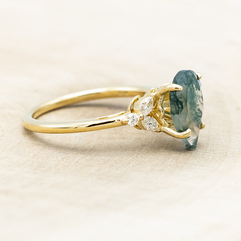 "BLOSSOM" - PEAR-CUT MOSS AGATE ENGAGEMENT RING WITH LEAFCUT DIAMOND ACCENTS