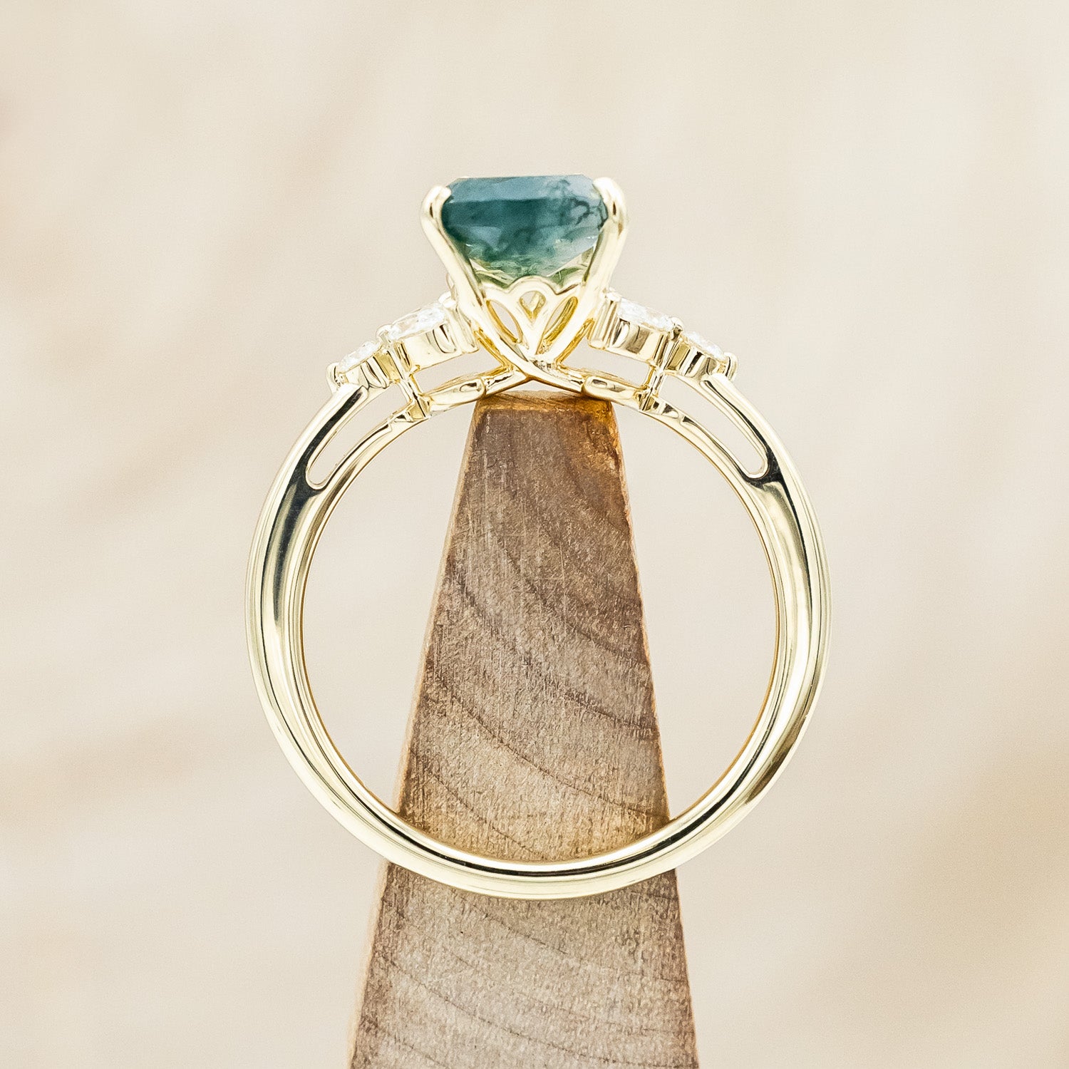 "BLOSSOM" - PEAR-CUT MOSS AGATE ENGAGEMENT RING WITH LEAFCUT DIAMOND ACCENTS-Staghead Designs