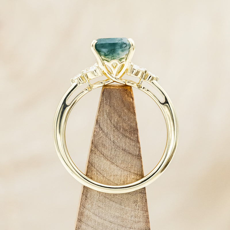 "BLOSSOM" - PEAR-CUT MOSS AGATE ENGAGEMENT RING WITH LEAFCUT DIAMOND ACCENTS