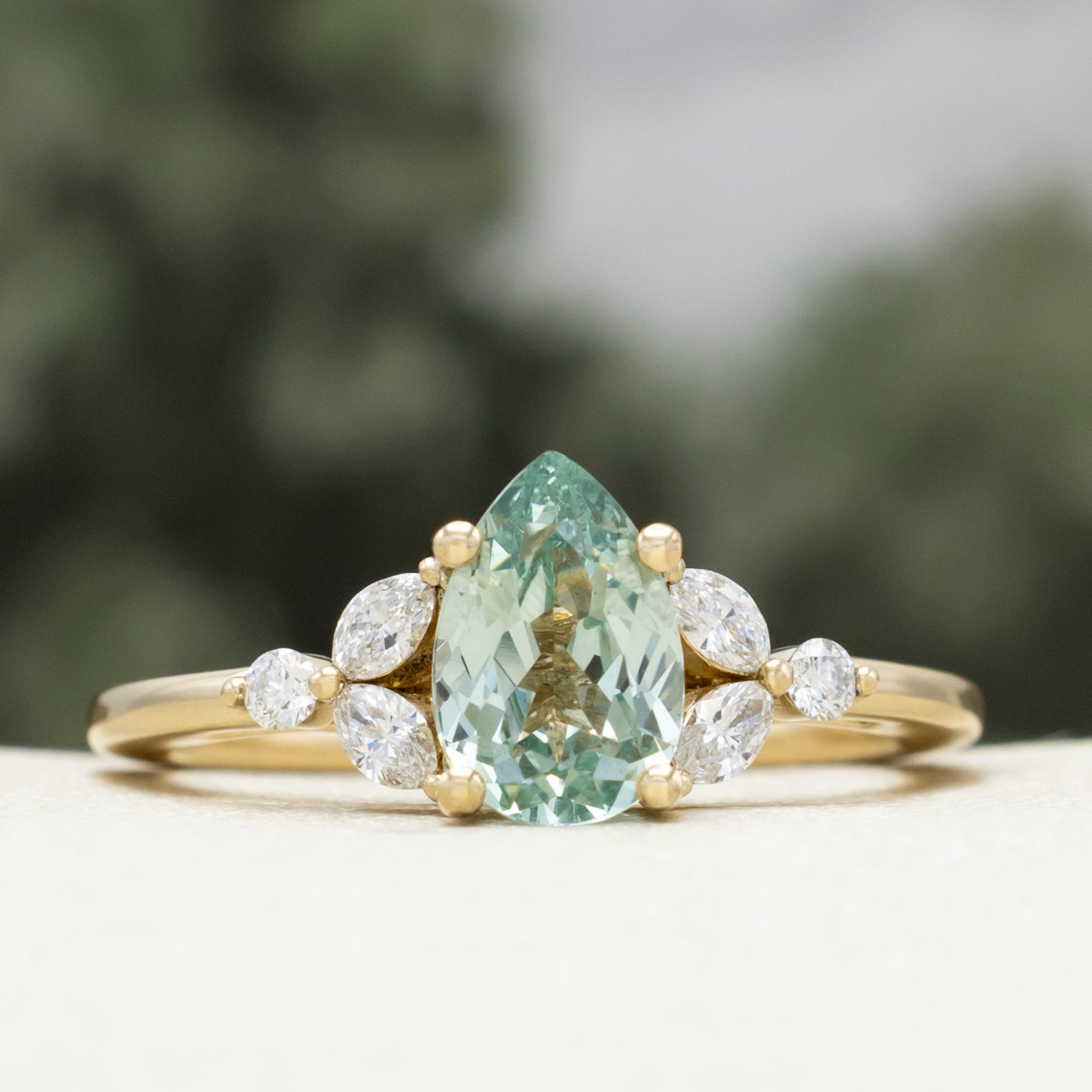 "BLOSSOM" - PEAR CUT LAB-GROWN GREEN SAPPHIRE ENGAGEMENT RING WITH DIAMOND ACCENTS-Staghead Designs