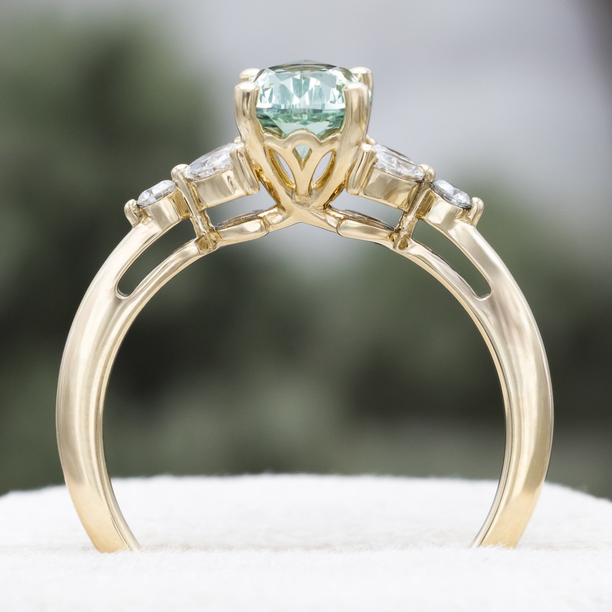 "BLOSSOM" - PEAR CUT LAB-GROWN GREEN SAPPHIRE ENGAGEMENT RING WITH DIAMOND ACCENTS-Staghead Designs