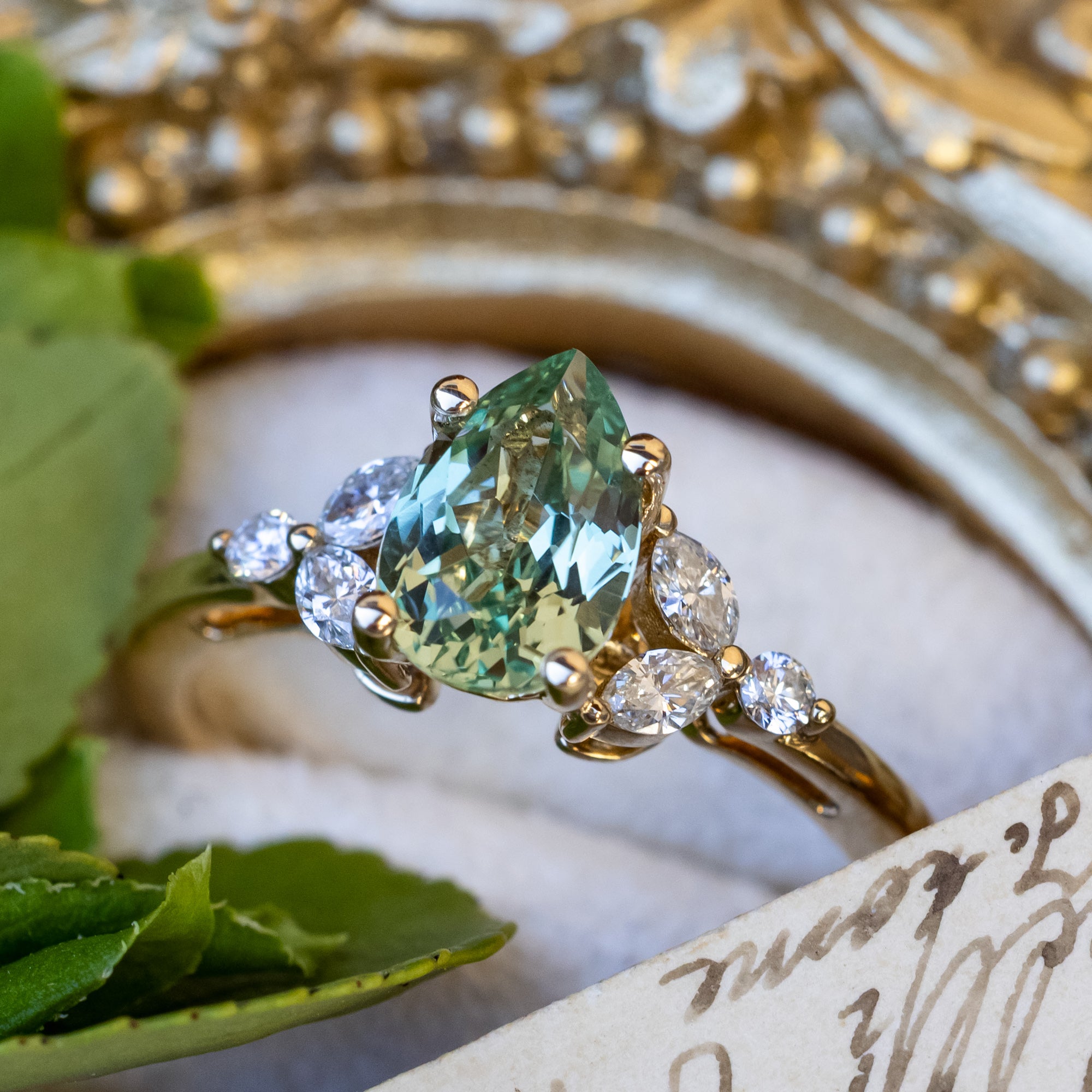 "BLOSSOM" - PEAR CUT LAB-GROWN GREEN SAPPHIRE ENGAGEMENT RING WITH DIAMOND ACCENTS-Staghead Designs