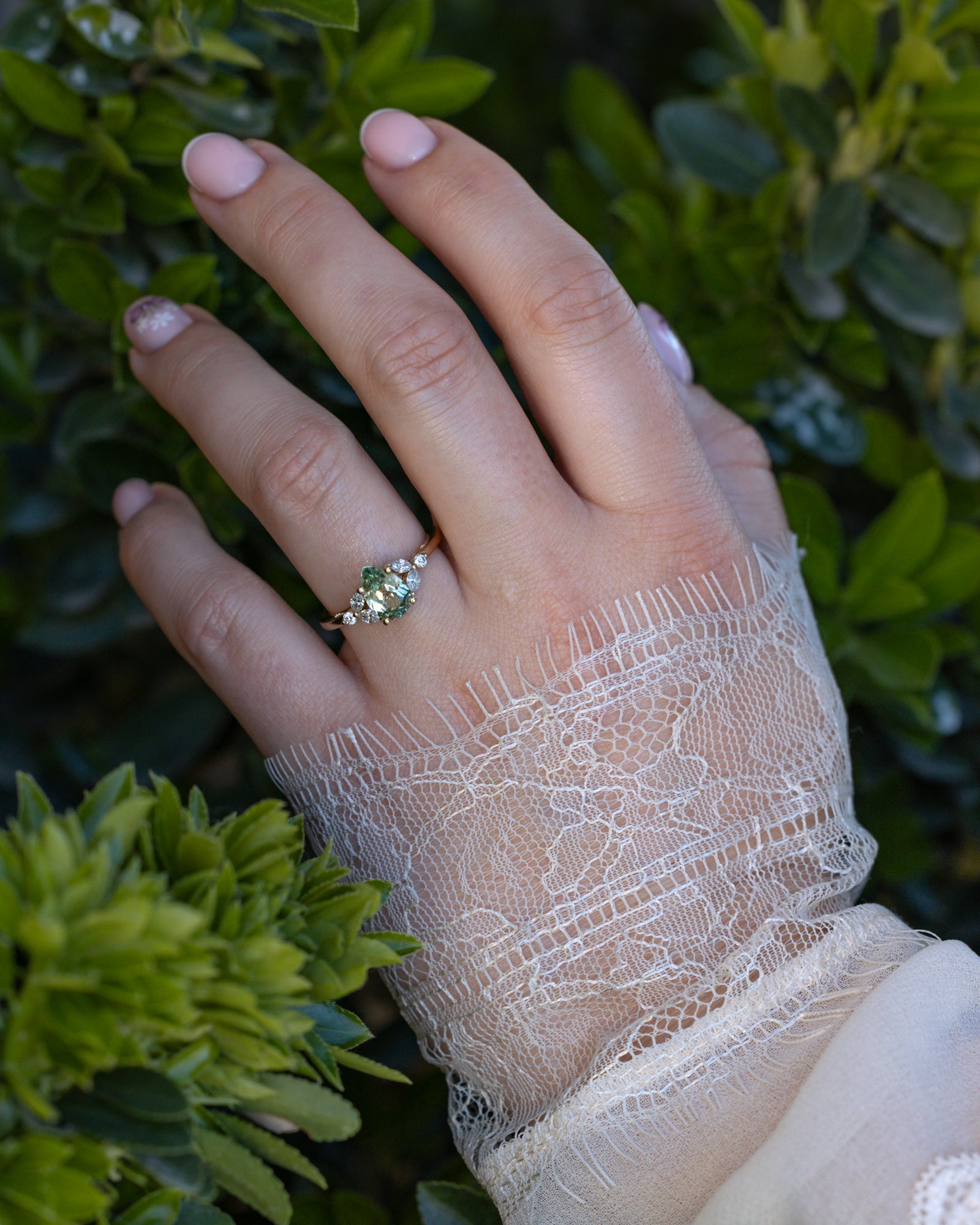 "BLOSSOM" - PEAR CUT LAB-GROWN GREEN SAPPHIRE ENGAGEMENT RING WITH DIAMOND ACCENTS-Staghead Designs