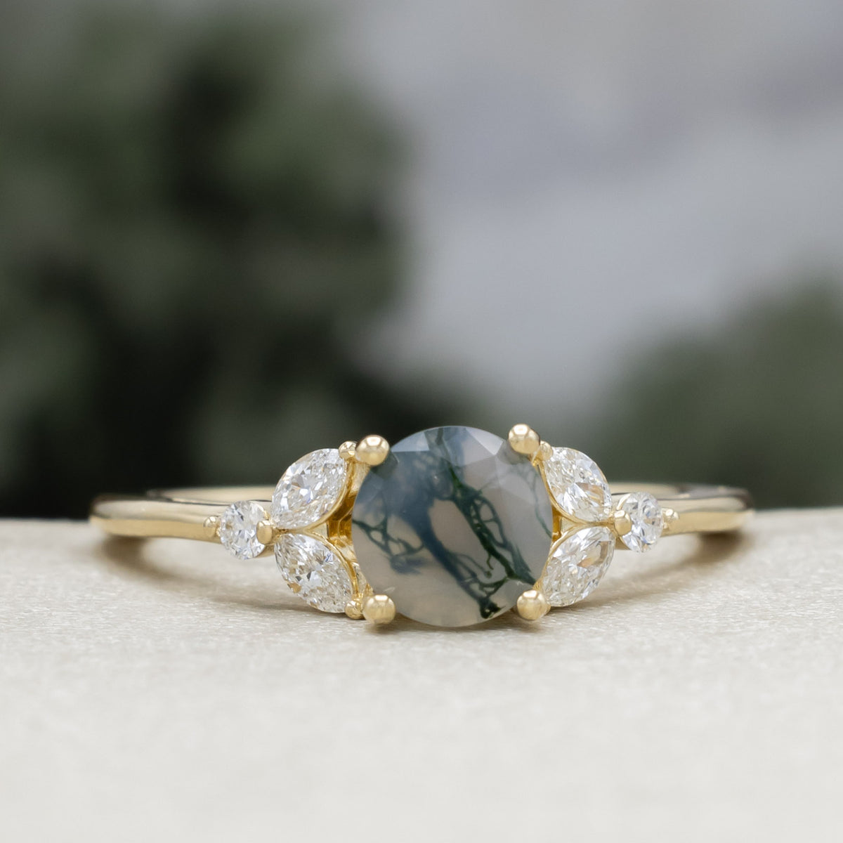 "Blossom" - Round Cut Moss Agate Engagement Ring With Diamond Accents - Ready To Ship-Staghead Designs