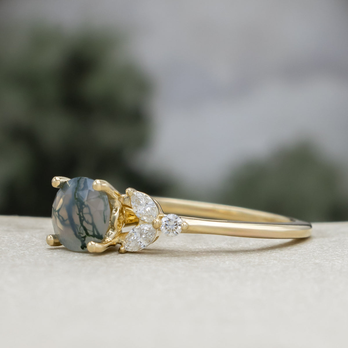 "Blossom" - Round Cut Moss Agate Engagement Ring With Diamond Accents - Ready To Ship-Staghead Designs