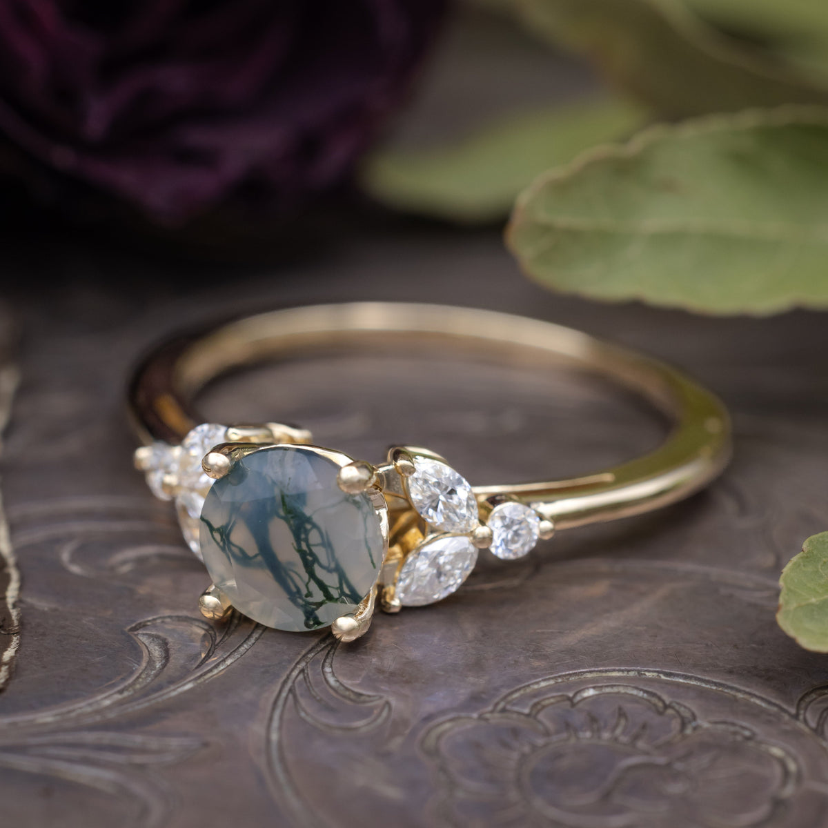 "Blossom" - Round Cut Moss Agate Engagement Ring With Diamond Accents - Ready To Ship-Staghead Designs