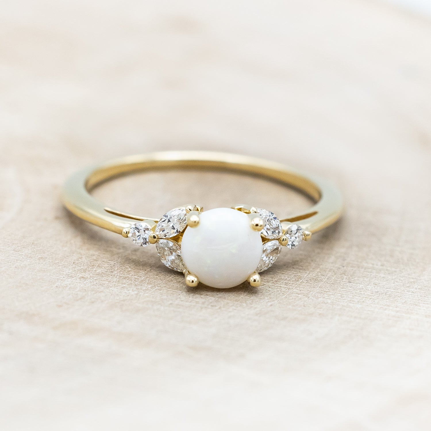 "BLOSSOM" - ROUND CUT OPAL ENGAGEMENT RING WITH LEAFCUT DIAMOND ACCENTS-Staghead Designs