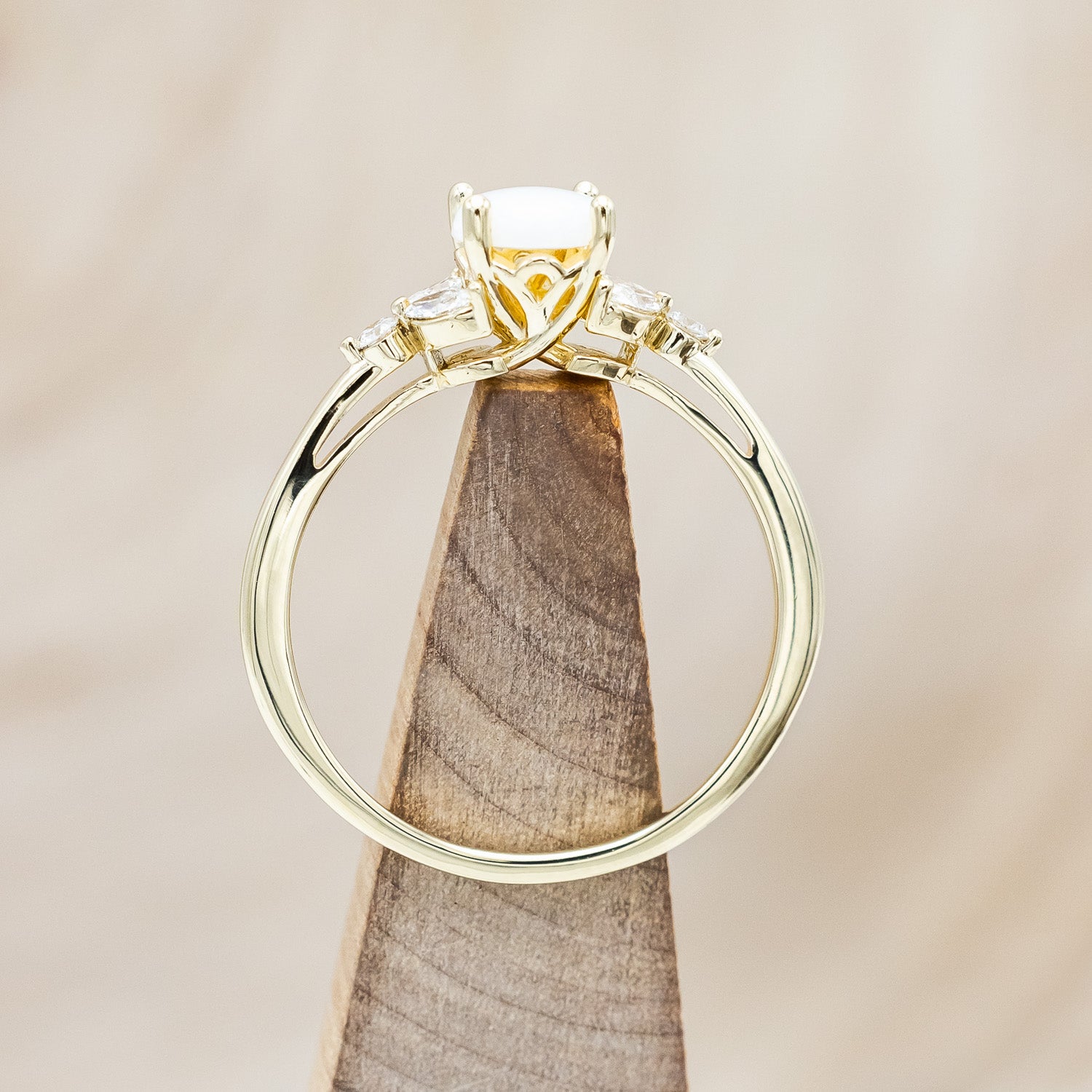 "BLOSSOM" - ROUND CUT OPAL ENGAGEMENT RING WITH LEAFCUT DIAMOND ACCENTS-Staghead Designs