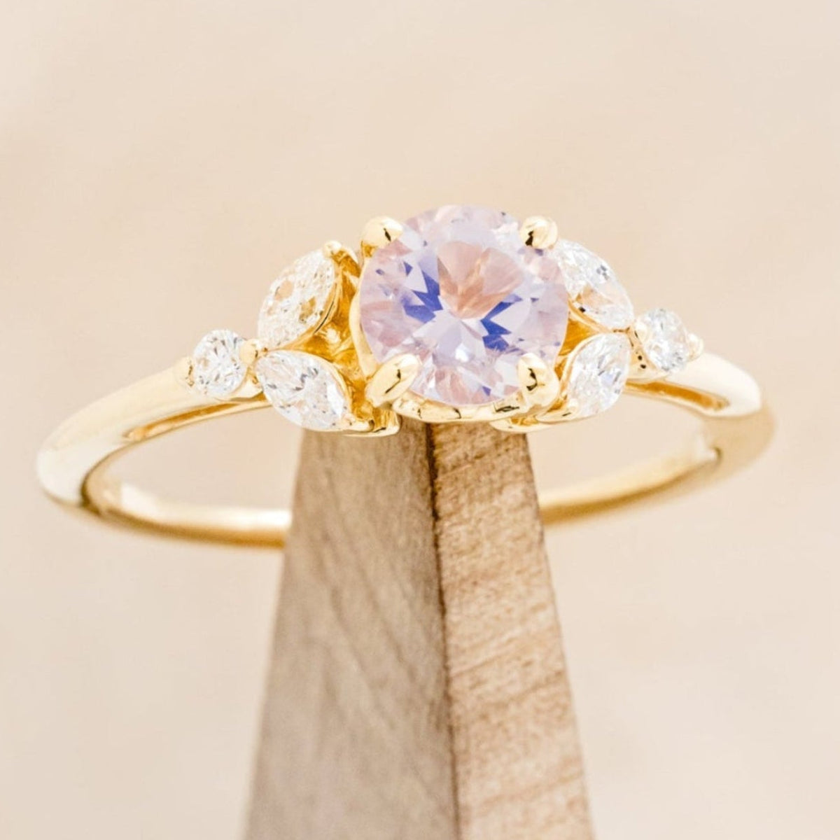 "BLOSSOM" - ROUND CUT LAVENDER QUARTZ ENGAGEMENT RING WITH LEAF SHAPED DIAMOND ACCENTS-7