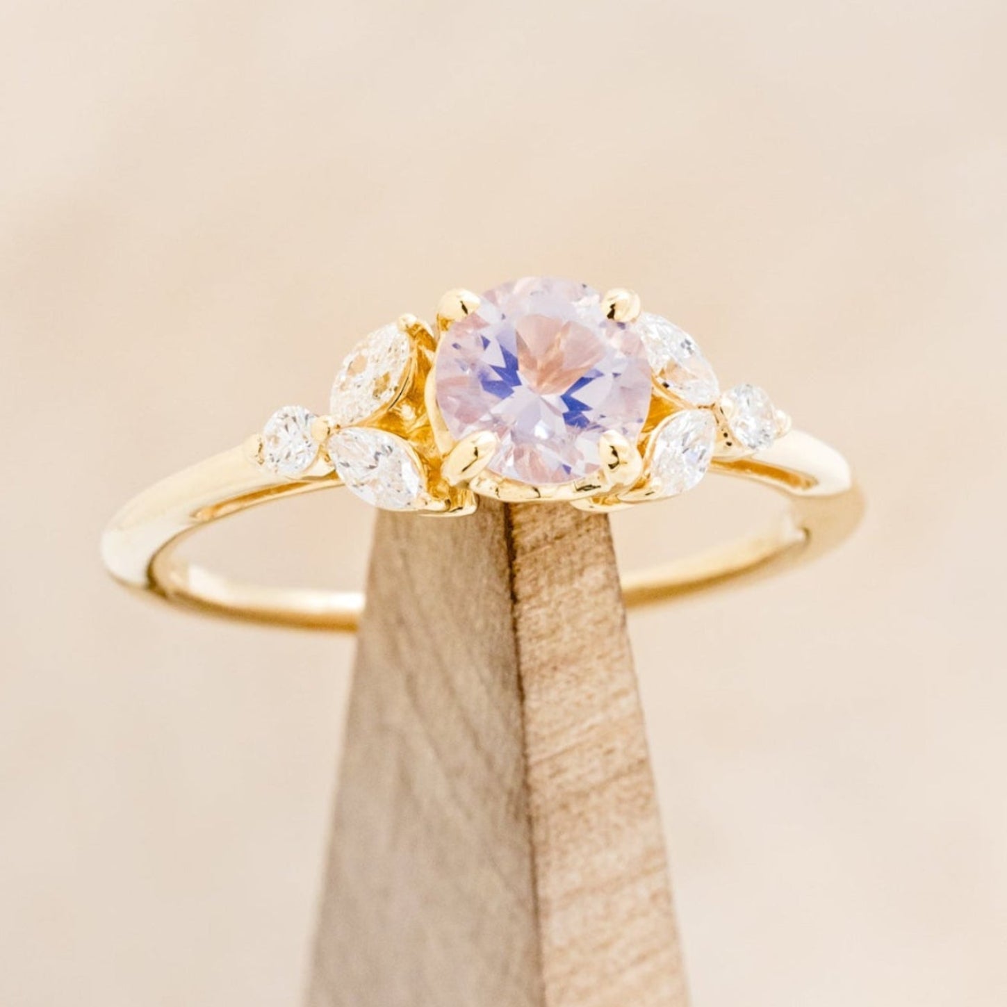 "BLOSSOM" - ROUND CUT LAVENDER QUARTZ ENGAGEMENT RING WITH LEAF SHAPED DIAMOND ACCENTS-7