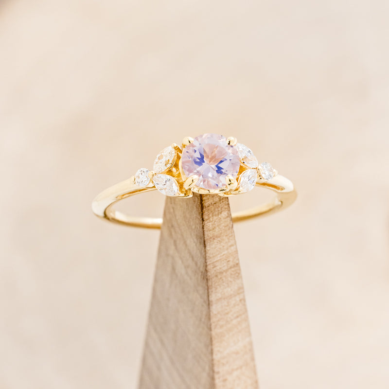 "BLOSSOM" - ROUND CUT LAVENDER QUARTZ ENGAGEMENT RING WITH LEAF SHAPED DIAMOND ACCENTS