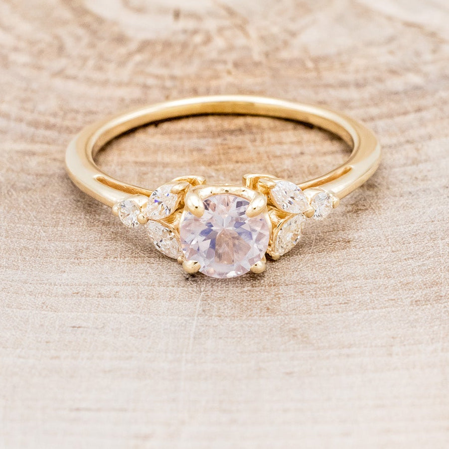 "BLOSSOM" - ROUND CUT LAVENDER QUARTZ ENGAGEMENT RING WITH LEAF SHAPED DIAMOND ACCENTS-10