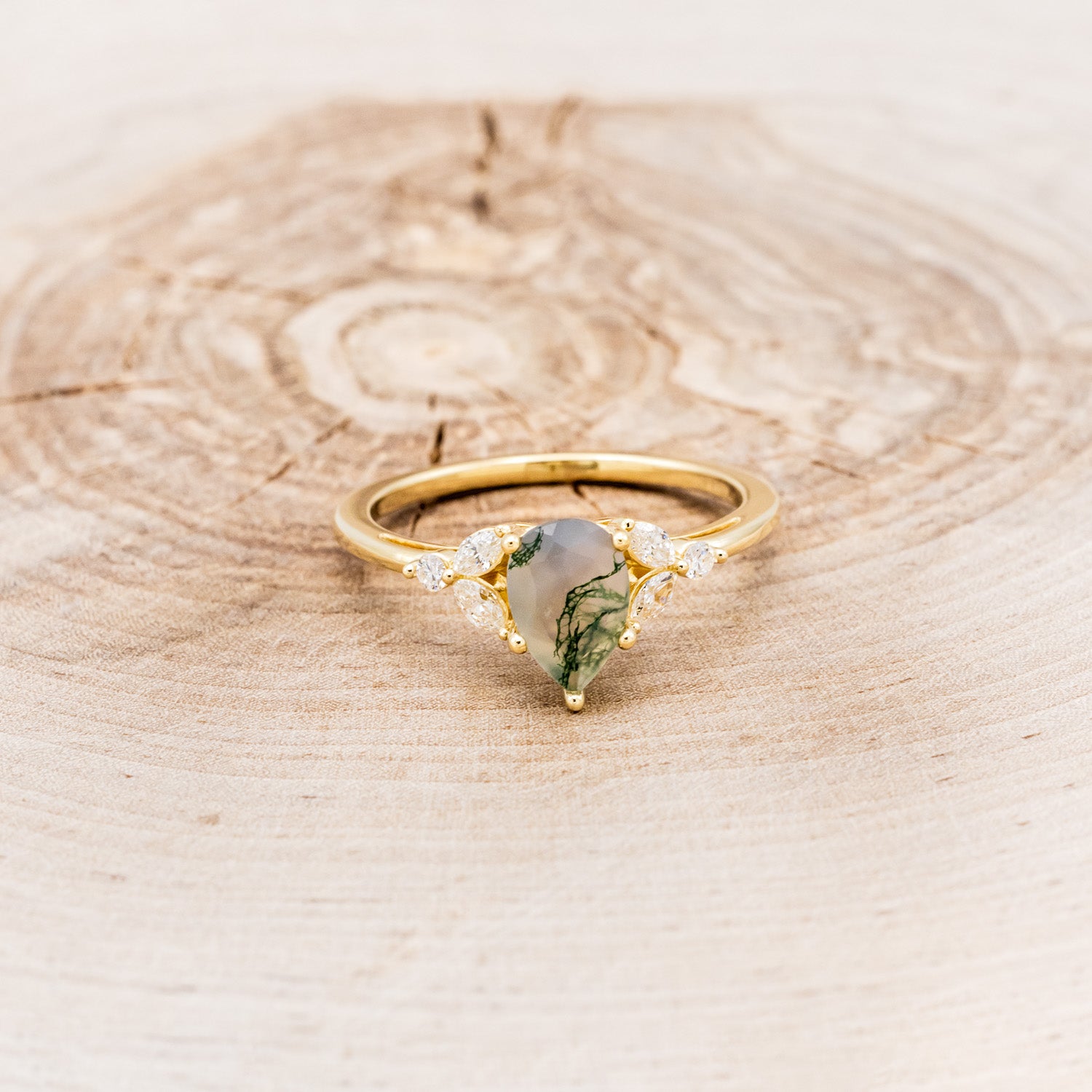 "BLOSSOM" - PEAR-CUT MOSS AGATE ENGAGEMENT RING WITH LEAF-SHAPED DIAMOND ACCENTS-4