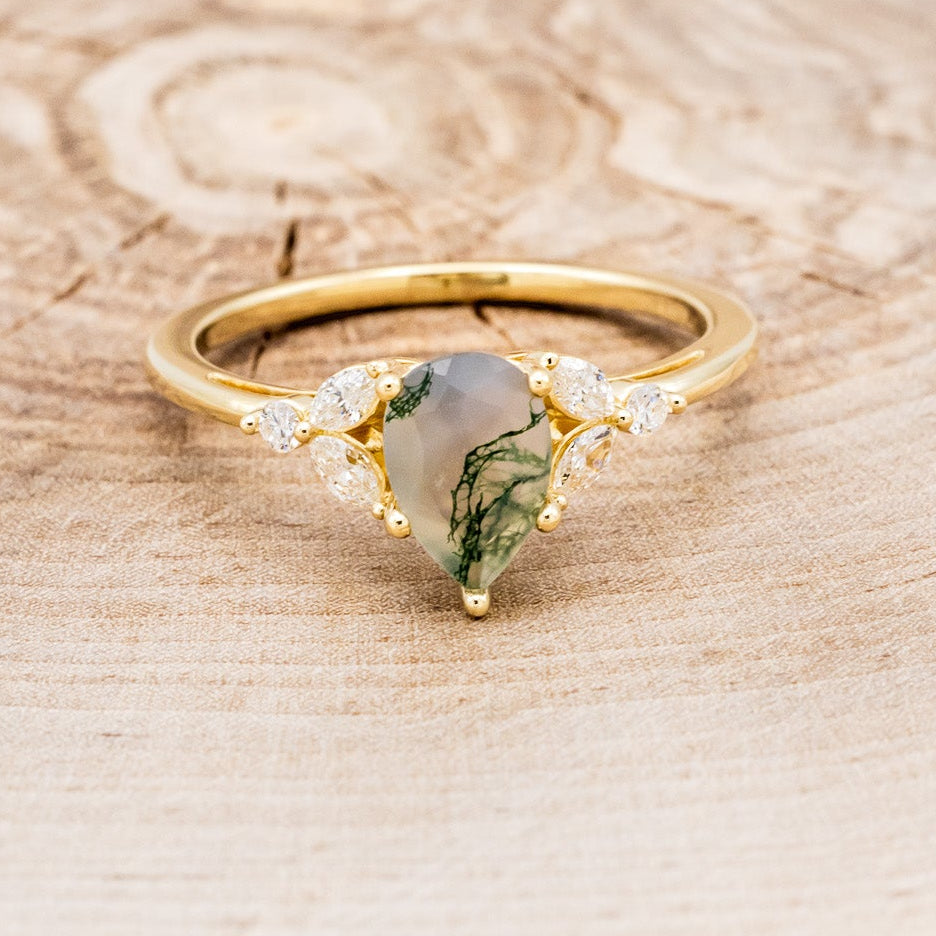 "BLOSSOM" - PEAR-CUT MOSS AGATE ENGAGEMENT RING WITH LEAF-SHAPED DIAMOND ACCENTS-4