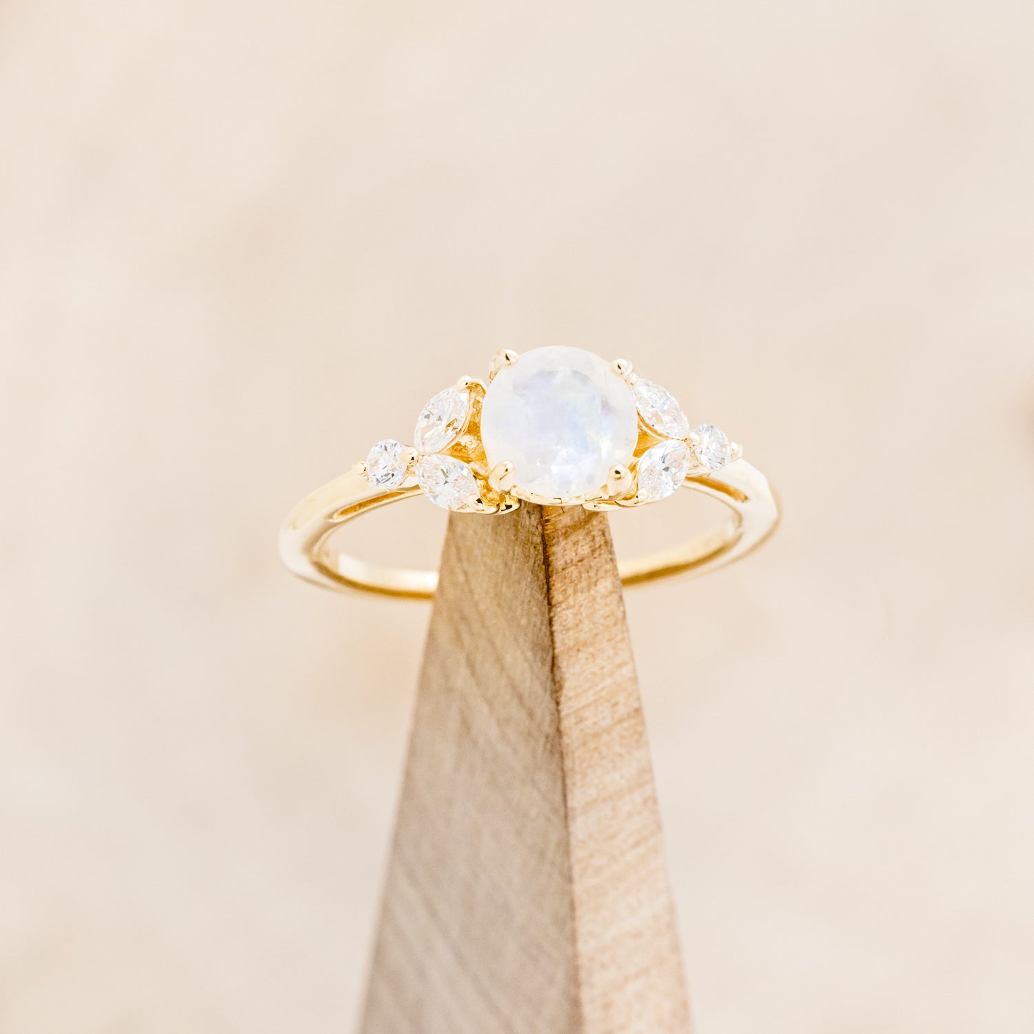 "BLOSSOM" - ROUND CUT MOONSTONE ENGAGEMENT RING WITH LEAF SHAPED DIAMOND ACCENTS-14