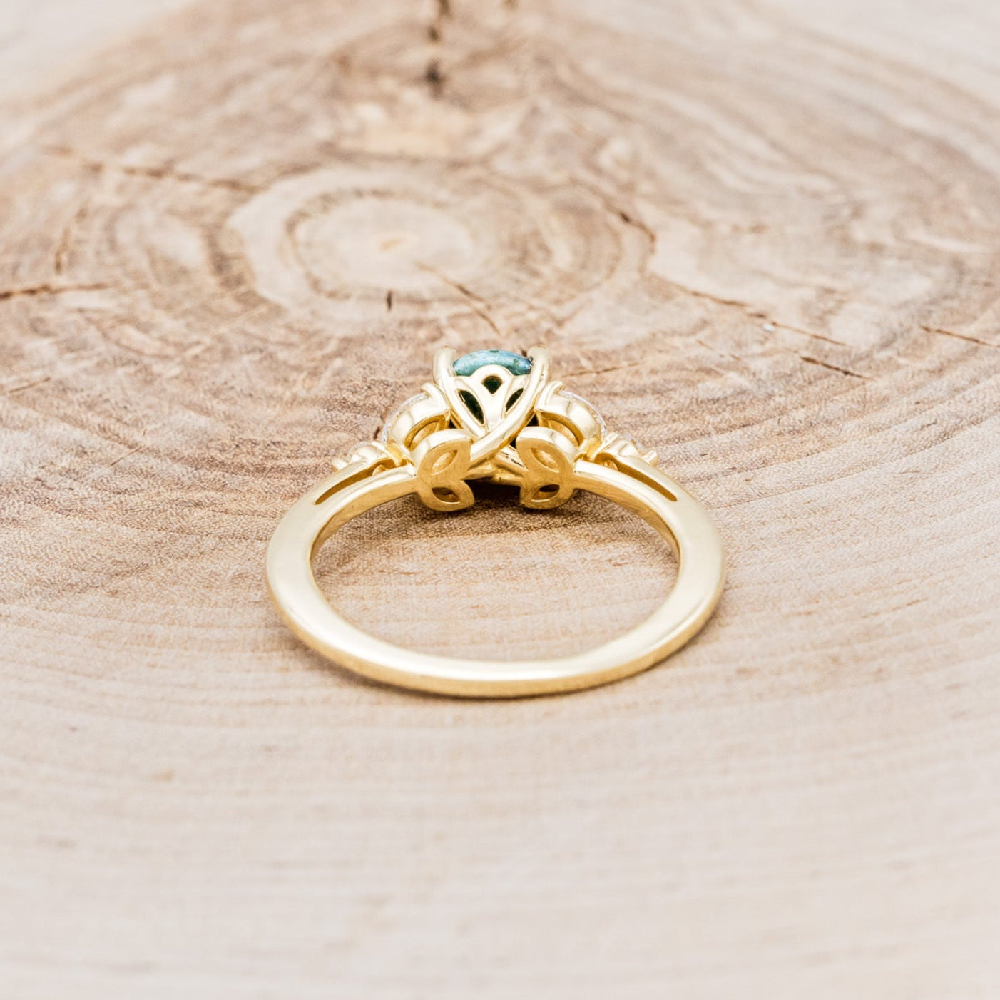 "BLOSSOM" - ROUND CUT TURQUOISE ENGAGEMENT RING WITH LEAF-SHAPED DIAMOND ACCENTS-10