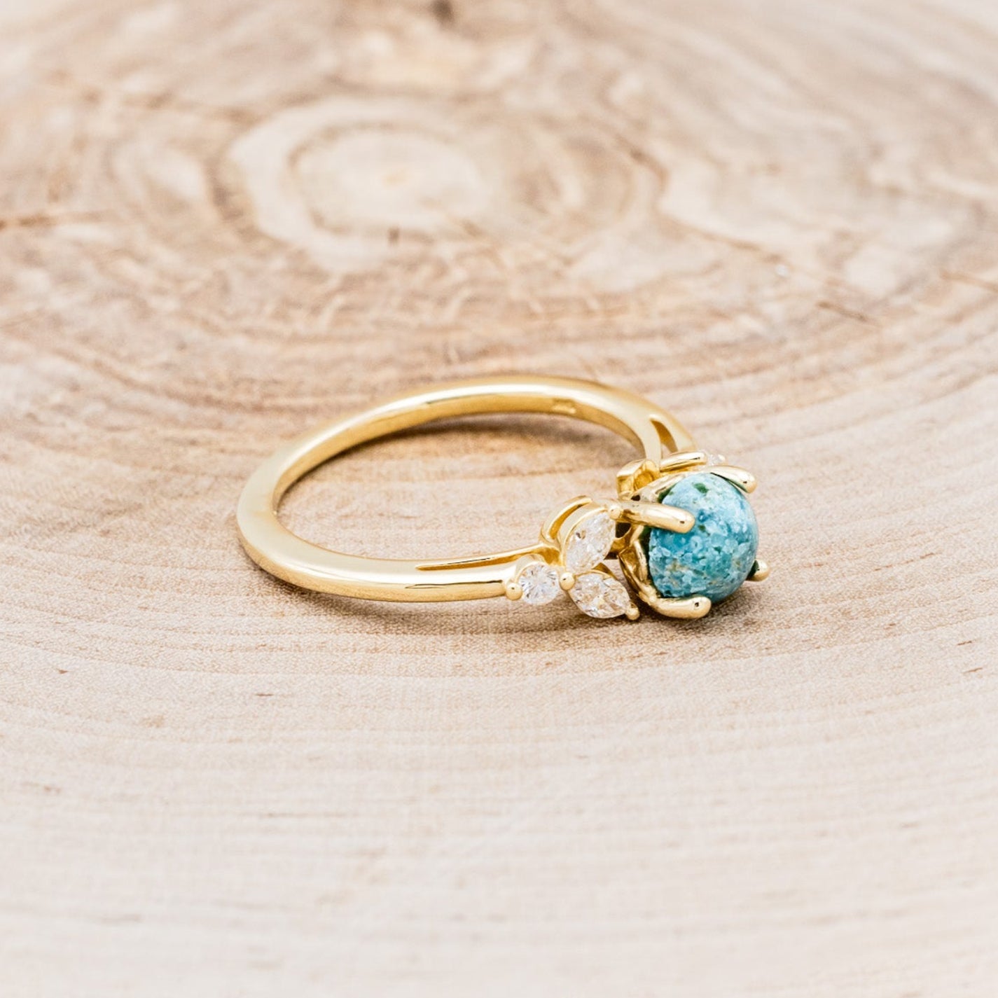 "BLOSSOM" - ROUND CUT TURQUOISE ENGAGEMENT RING WITH LEAF-SHAPED DIAMOND ACCENTS-8