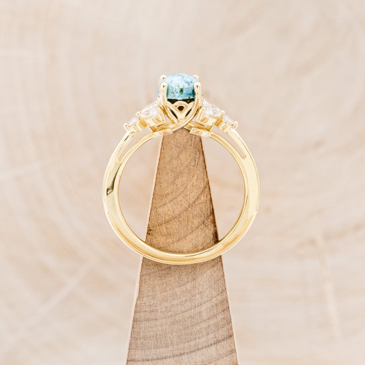 "BLOSSOM" - ROUND CUT TURQUOISE ENGAGEMENT RING WITH LEAF-SHAPED DIAMOND ACCENTS-11