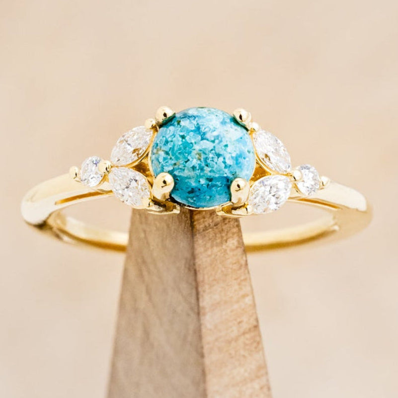 "BLOSSOM" - ROUND CUT TURQUOISE ENGAGEMENT RING WITH LEAF-SHAPED DIAMOND ACCENTS-6