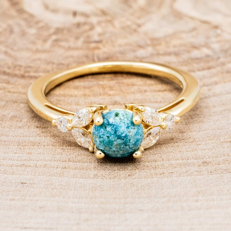 "BLOSSOM" - ROUND CUT TURQUOISE ENGAGEMENT RING WITH LEAF-SHAPED DIAMOND ACCENTS-7