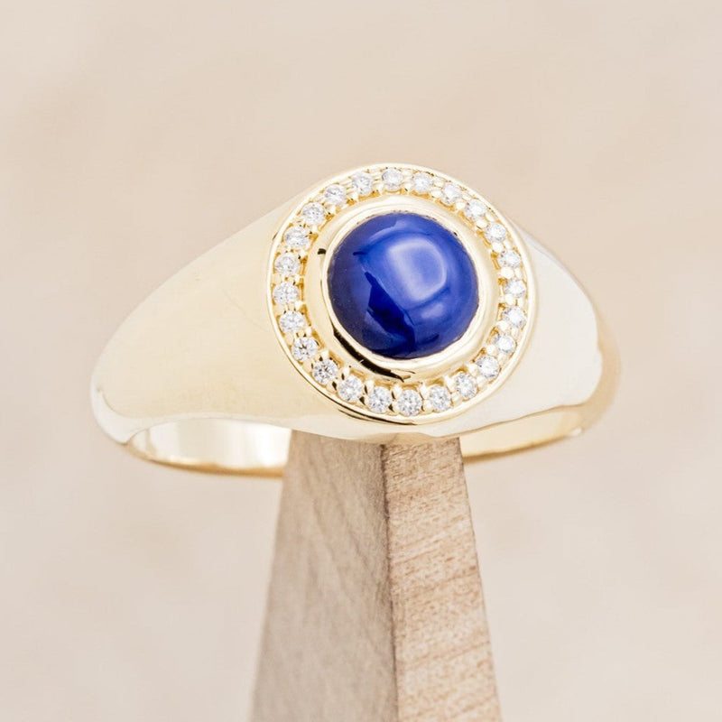 "ARLA" - ROUND CUT BLUE STAR SAPPHIRE ENGAGEMENT RING WITH DIAMOND ACCENTS