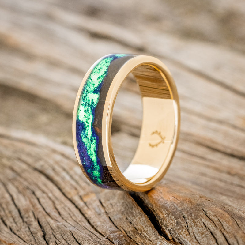 "BOREALIS" - MOUNTAIN ENGRAVED WEDDING RING WITH GLOW IN THE DARK NORTHERN LIGHTS-Staghead Designs