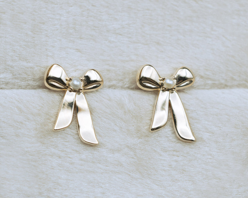 14K BOW EARRINGS WITH SEED PEARLS-Staghead Designs